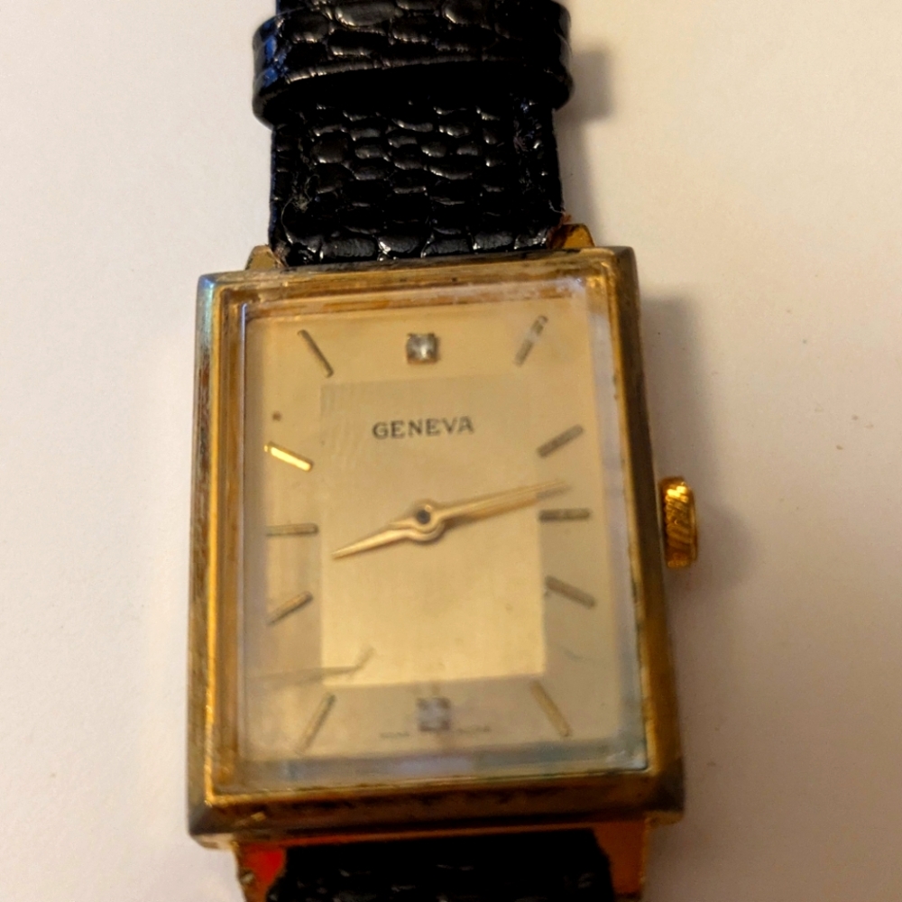 Geneva Gold Rectangular Watch with Black Strap Vintage